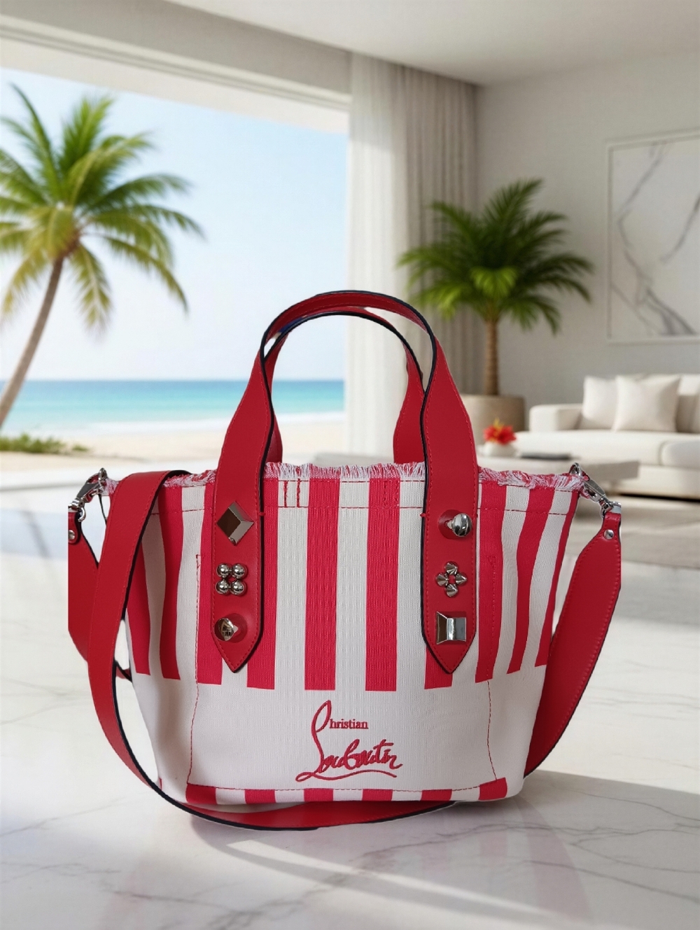 Christian Louboutin Frangibus Small Red Striped Canvas Tote Rare NWOT ✨